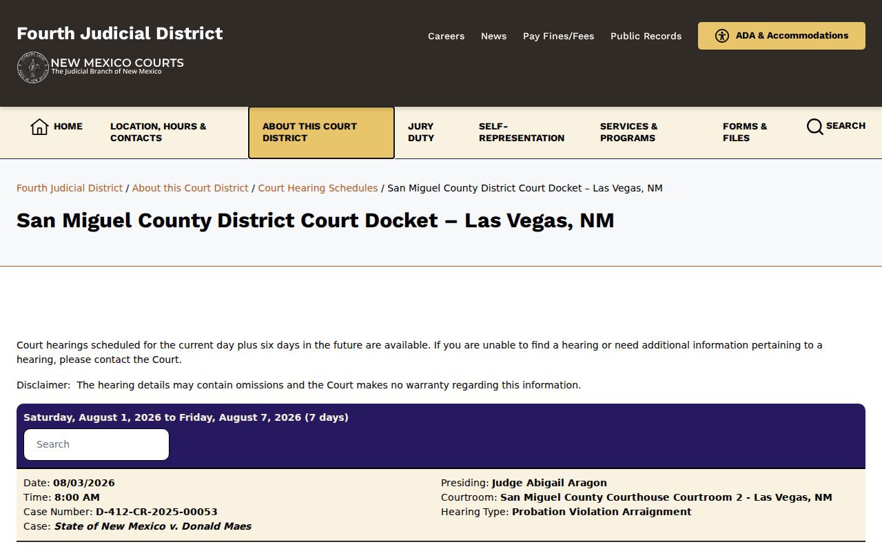 San Miguel County criminal court case docket page